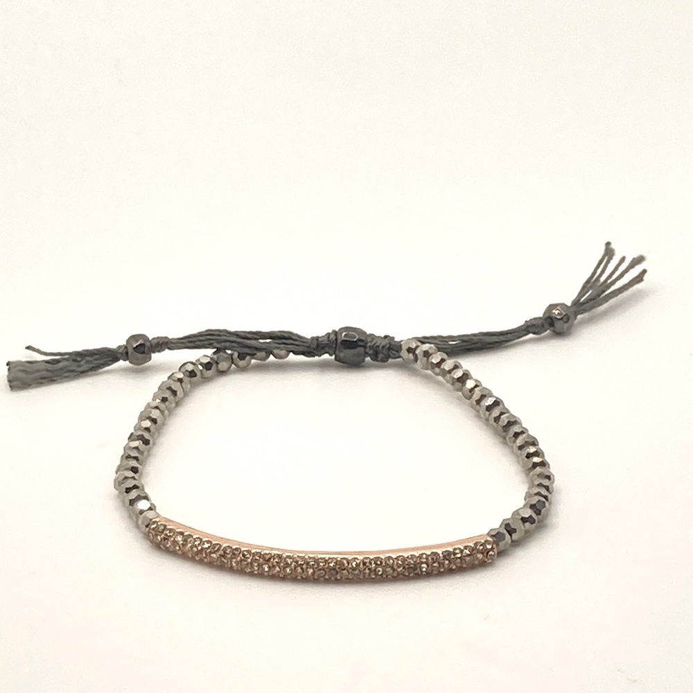 Stella and Dot Tribute Bracelet Grey Crystal Bead Rose Gold Tone Bar 6.5” - 8”